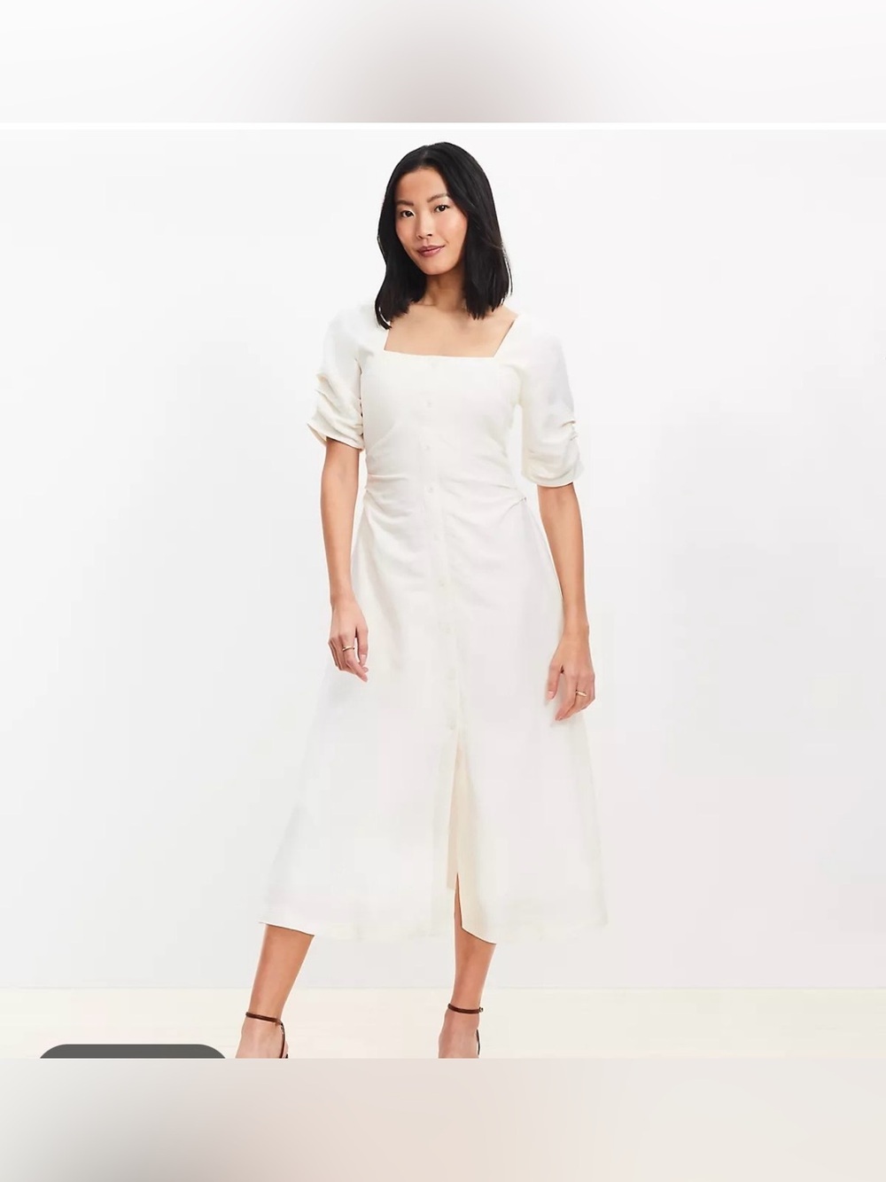 LOFT Ivory Linen Blend Square-Neck with Puff Sleeves Midi Dress Size 8